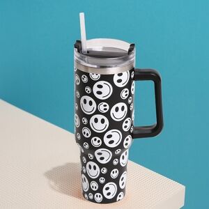 Black White Happy Face 40oz Message Stainless Steel Water Bottle Tumbler Thermos
